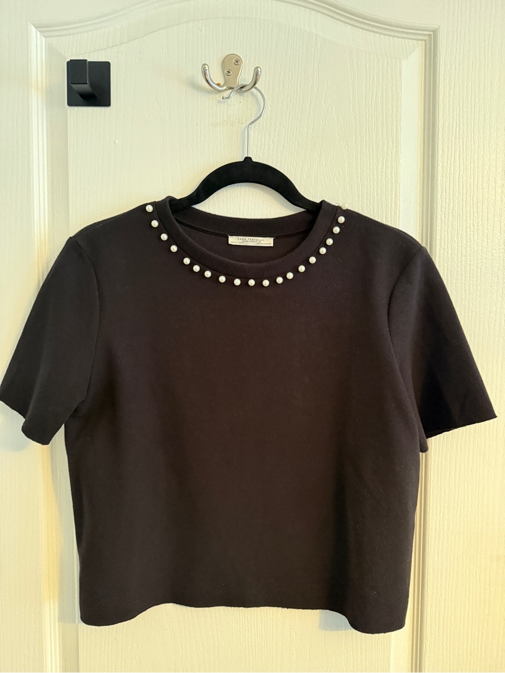 Zara Black Short Sleeve Top with Pearl Neckline